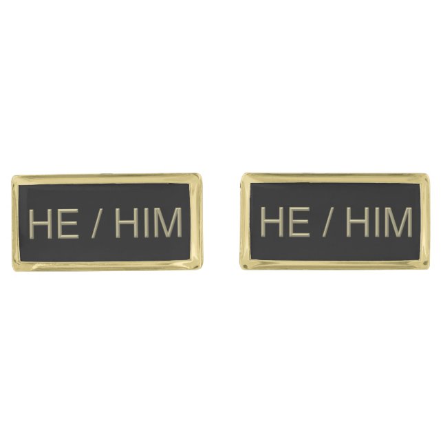 Pronoun Cufflinks (He/Him) - Rectangle Gold Plated (Front)