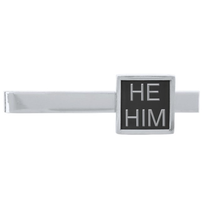 Pronoun Modern Tie Bar (He/Him) - Silver Plated (Front)