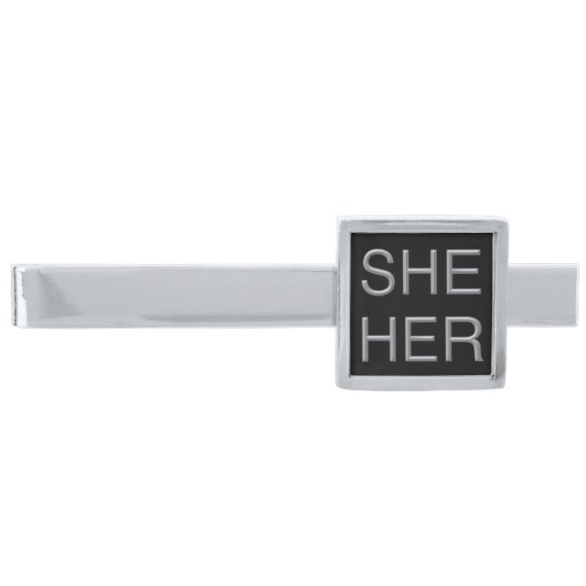 Pronoun Modern Tie Bar (She/Her) - Silver Plated (Front)