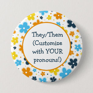 Pronouns AroAce Pride Flowers Doodle LGBTQ+ Button