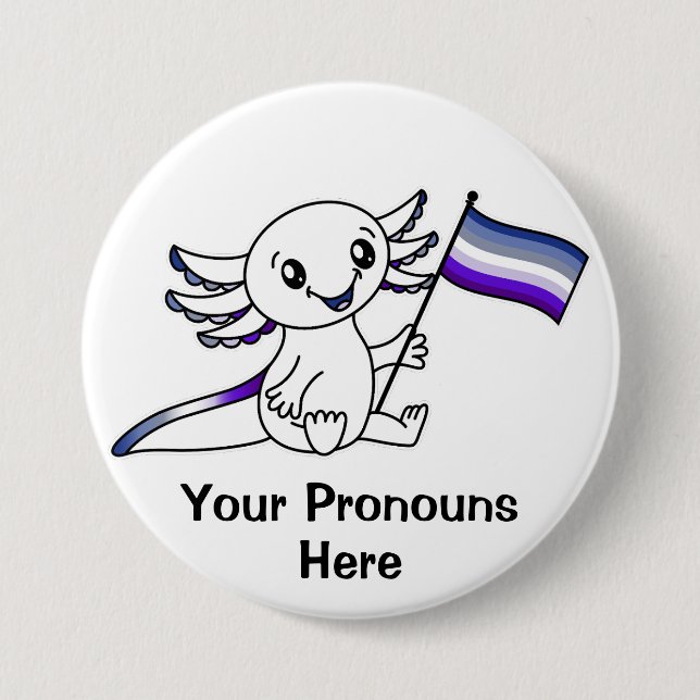 PRONOUNS Cute Axolotl + Butch Lesbian Pride Flag Button (Front)