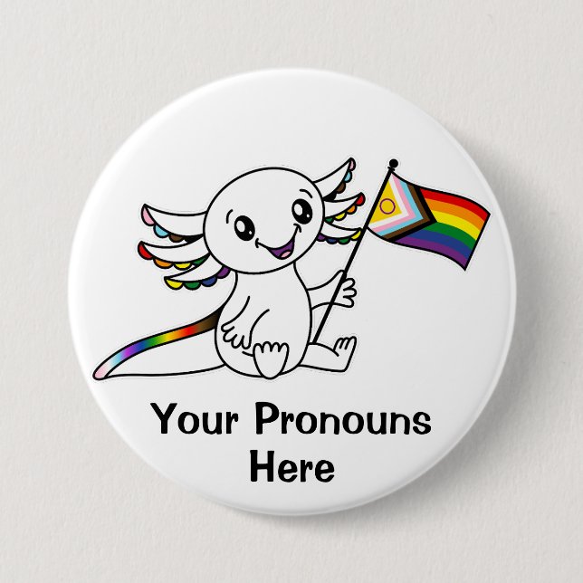 PRONOUNS Cute Axolotl Intersex Progress Pride Flag Button (Front)