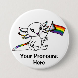 PRONOUNS Cute Axolotl Quasar Rainbow Pride Flag Button