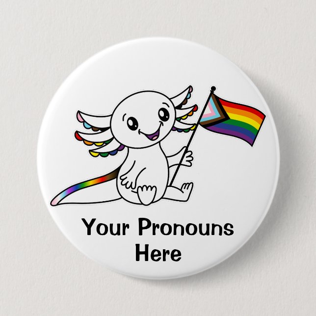 PRONOUNS Cute Axolotl Quasar Rainbow Pride Flag Button (Front)