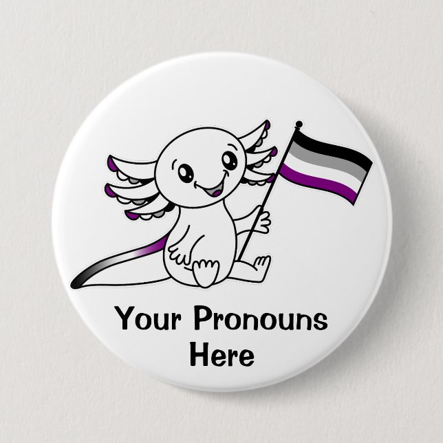 PRONOUNS Cute Axolotl with Ace Pride Flag LGBTQ+ Button (Front)