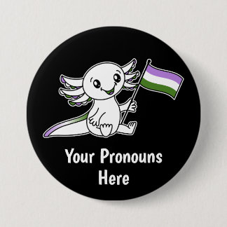 PRONOUNS Cute Axolotl with Genderqueer Pride Flag Button