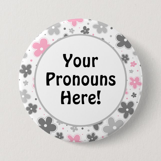 PRONOUNS! Demigirl Pride Flowers Doodle Pink Button (Front)
