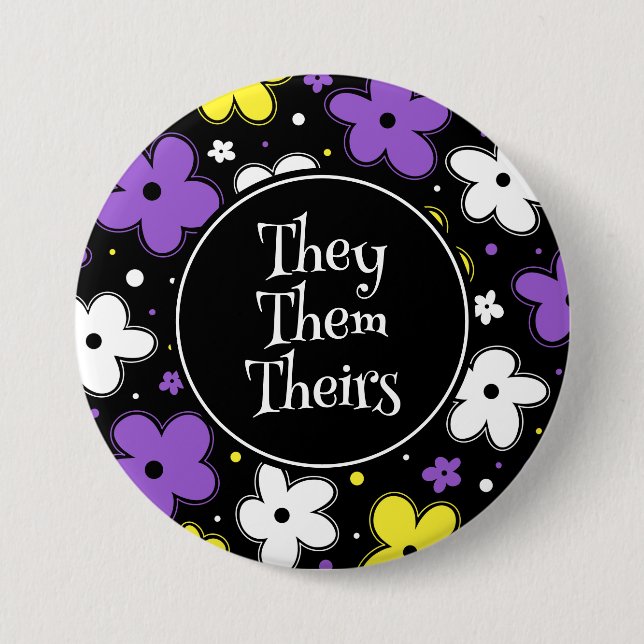 Pronouns! Nonbinary Pride Flag Flowers Doodle Button (Front)