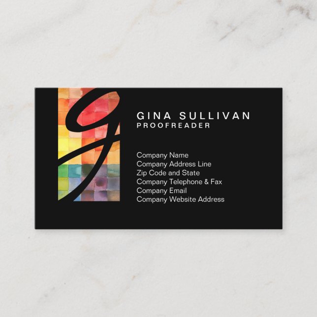 Proofreader Colorful Watercolor Tiles Tab Monogram Business Card (Front)