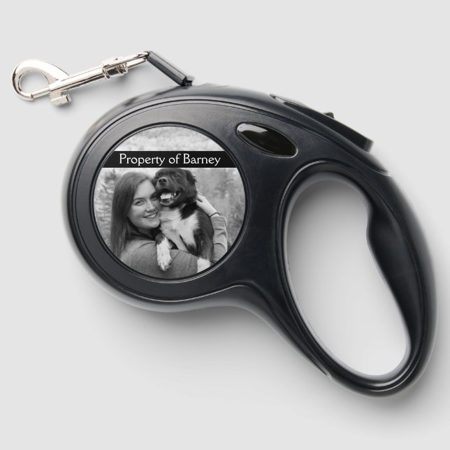 Property of Dog's Name Black and White Photo Dog Retractable Pet Leash (Front)