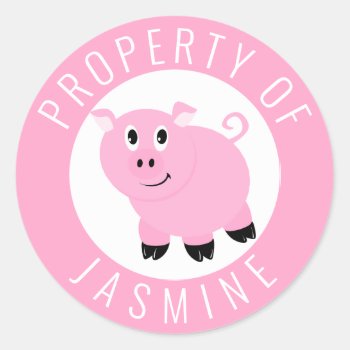 Property Of Kids Book Belongs To Pink Pig Classic Round Sticker by LilPartyPlanners at Zazzle