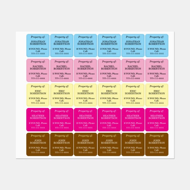 Property of Names Blue Pink Cream Brown Kids' Labels (Sheet)