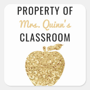 Property of Teacher Classroom Gold Apple Square Sticker
