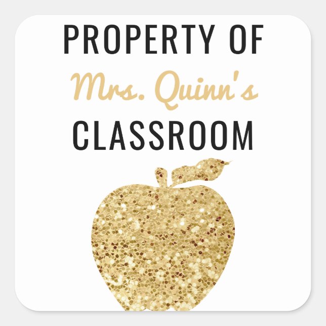 Property of Teacher Classroom Gold Apple Square Sticker (Front)