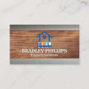 Property Repair Tools Logo Wood Grain Metal Business Card