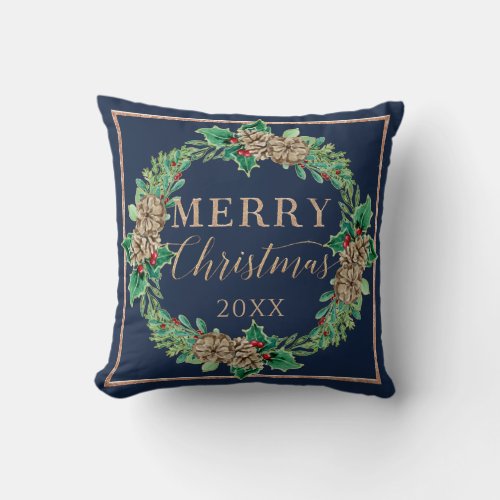Proposal Navy Christmas Wreath Holly Leaf Greenery Throw Pillow