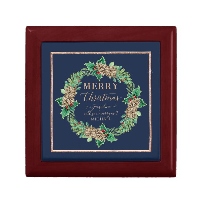 Proposal Navy Merry Christmas Rose Gold Script Gift Box (Front)