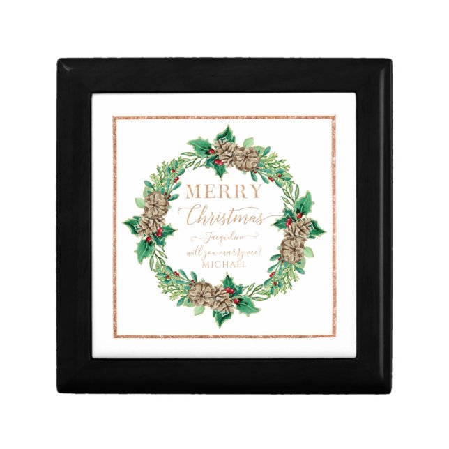 Proposal Red Rose Gold Merry Christmas Wreath Gift Box (Front)