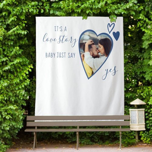 Propose Heart Photo Love Story Say Yes Blue Script Tapestry