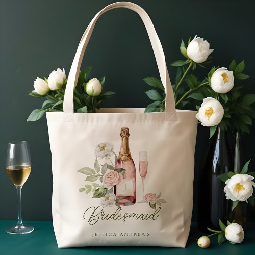 Prosecco Bubbly Watercolor Floral Bridesmaid Tote Bag