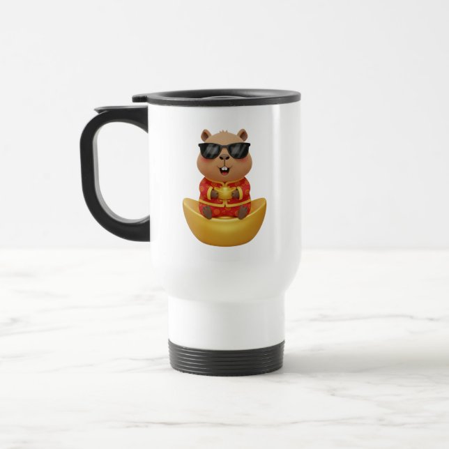 Prosperity Capybara with Golden Yuanbao  Travel Mug (Left)