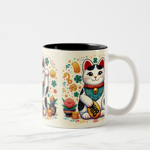 Prosperity Guardian Modern Lucky Cat Illustration  Two_Tone Coffee Mug