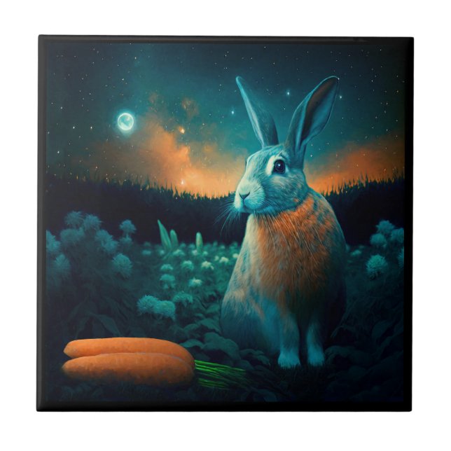 Prosperity Rabbit in the Moonlight Ceramic Tile (Front)