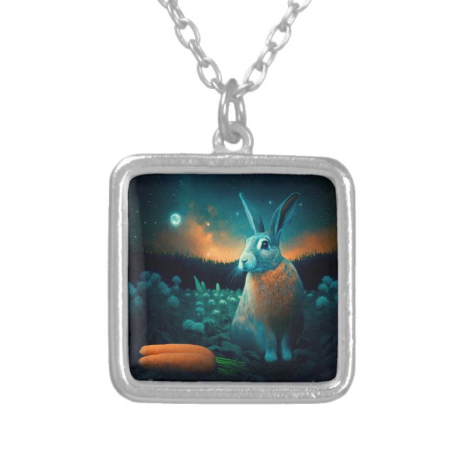 Prosperity Rabbit in the Moonlight Silver Plated Necklace (Front)