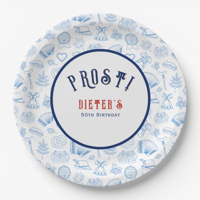 Prost! Beer and Wiener Schnitzel German Birthday Paper Plates (Front)