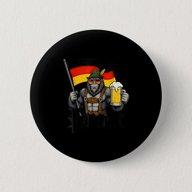 Prost Bigfoot Drinking Beer Lederhosen German  Button (Front)