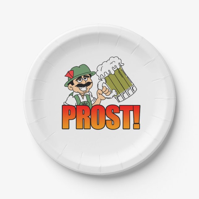 Prost! German Man Wearing Lederhosen Funny Cartoon Paper Plates (Front)
