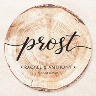 Prost German Wedding Wood Grain Round Custom Paper Coaster
