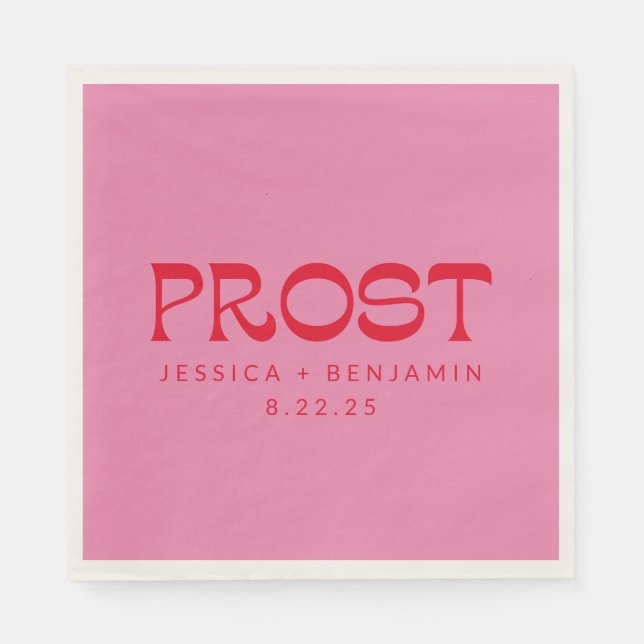 Prost Groovy Pink Red Typography Names Wedding Napkins (Front)