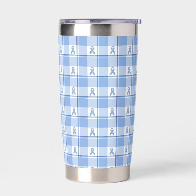 Prostate Cancer Awareness Plaid Light Blue Ribbon Insulated Tumbler (Left)