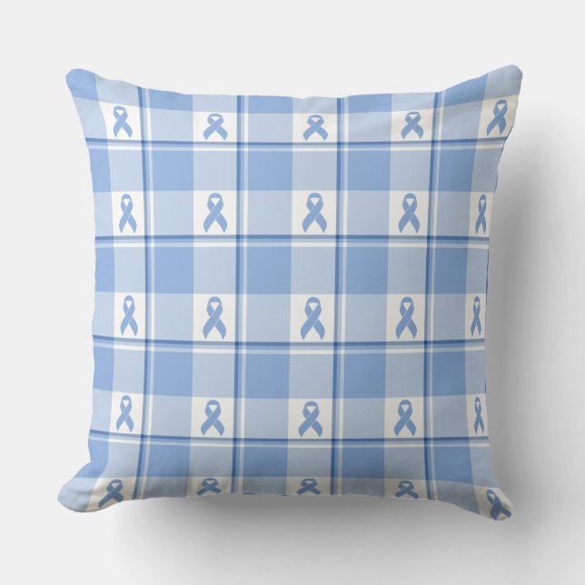 Prostate Cancer Awareness Plaid Light Blue Ribbon Throw Pillow (Front)