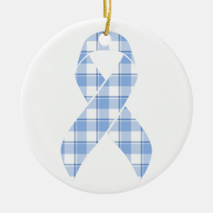 Prostate Cancer Survivor Plaid Light Blue Ribbon Ceramic Ornament