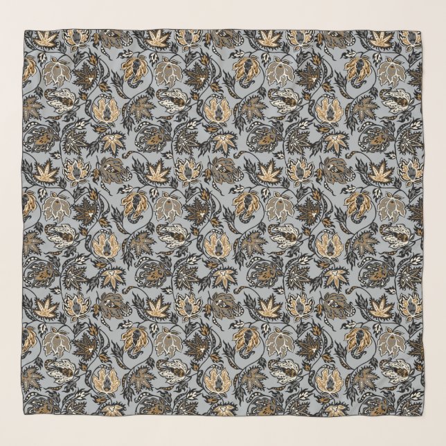 Protea Batik Hawaiian Tropical Floral Gray Copper Scarf (Front)