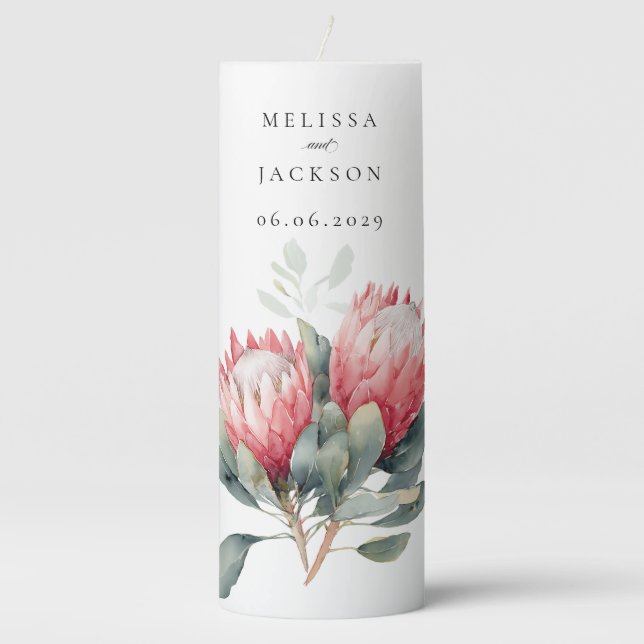 Protea Blush Watercolor Flowers Wedding Pillar Candle (Front)