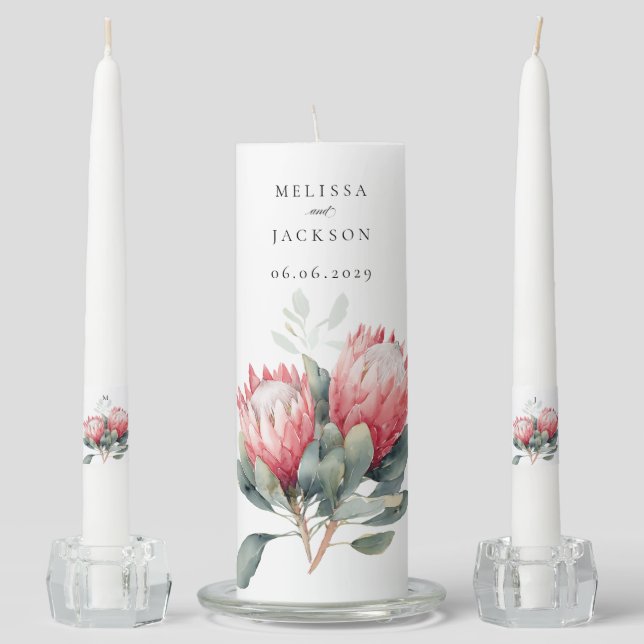 Protea Blush Watercolor Flowers Wedding Unity Candle Set (Front)