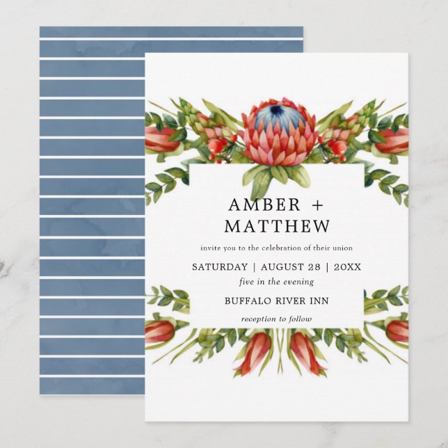 Protea Colorful Watercolor Flower Wedding Invites (Front/Back)
