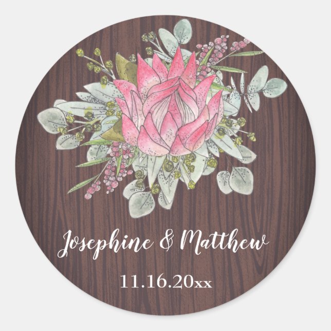 Protea Eucalyptus Foliage Wood Rustic Wedding Classic Round Sticker (Front)