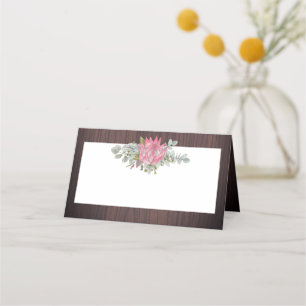 Protea Eucalyptus Foliage Wood Rustic Wedding Place Card