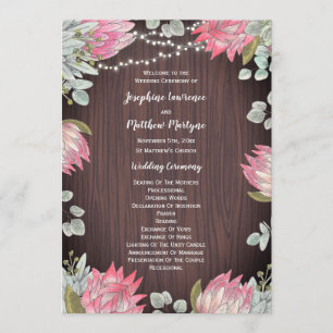 Protea Eucalyptus Lights Wood Rustic Wedding Program