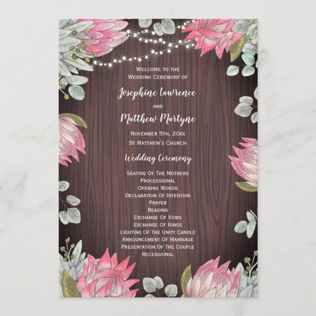 Protea Eucalyptus Lights Wood Rustic Wedding Program (Front)