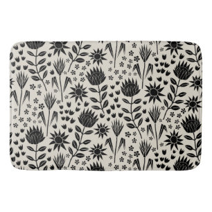 Protea Floral Block Print Millefleur black linen Bath Mat