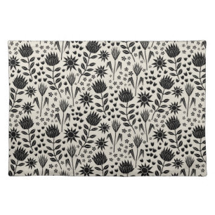 Protea Floral Block Print Millefleur black linen Cloth Placemat