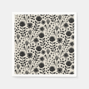 Protea Floral Block Print Millefleur black linen Napkins