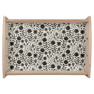 Protea Floral Block Print Millefleur black linen Serving Tray