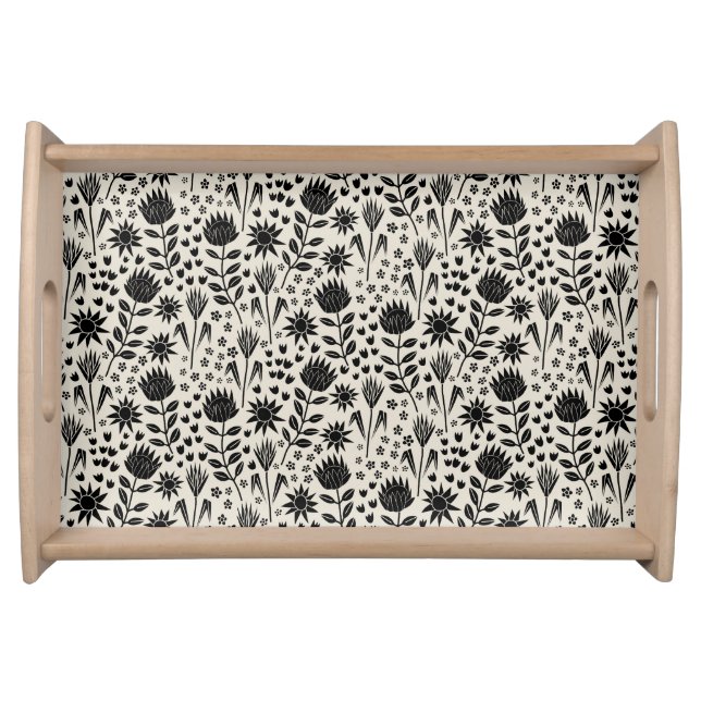 Protea Floral Block Print Millefleur black linen Serving Tray (Front)