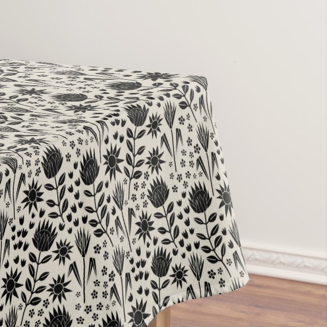 Protea Floral Block Print Millefleur black linen Tablecloth (In Situ)